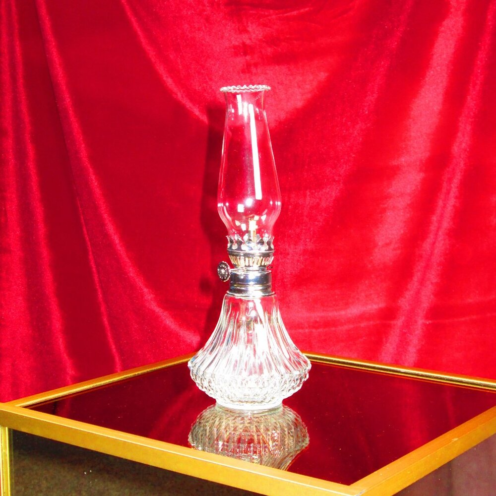 Vintage Glass Oil Lamp with Clear Chimney & Cut Glass Base